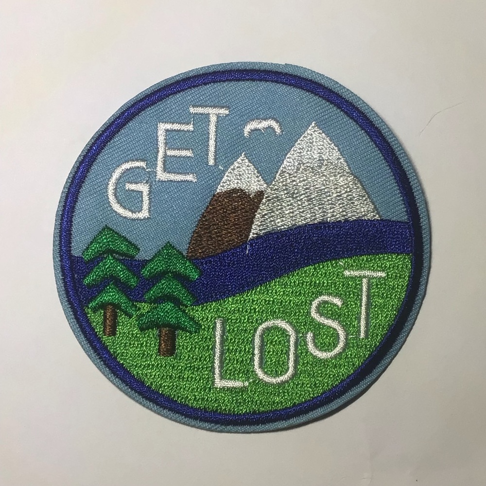 3” GET LOST mountains trees nature embroidered iron on patch hiking camping